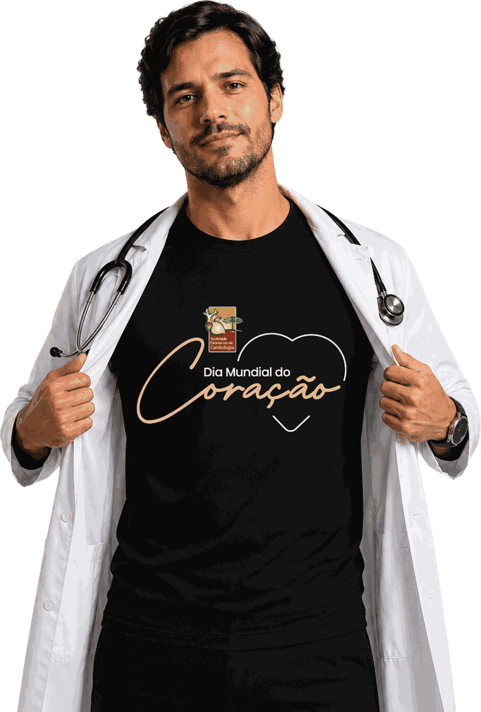 Cardiologista vestindo a camiseta do Dia Mundial do Coração